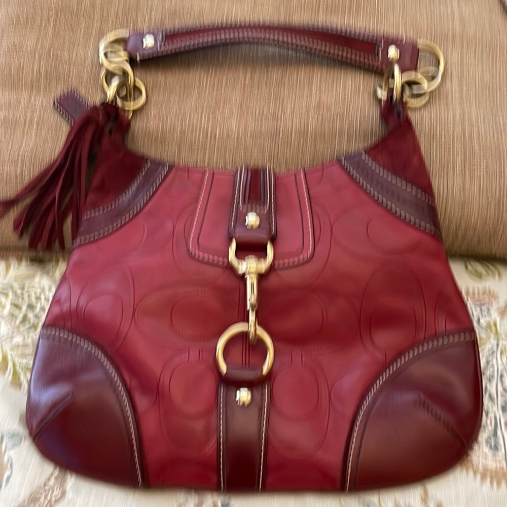 Rare Vintage Coach Hampton signature embossed red/maroon leather shoulder bag